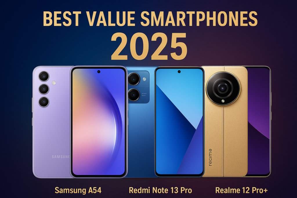 Best Value Smartphones 2025 comparison showing top 3 devices with strong performance, solid cameras, and long battery life.