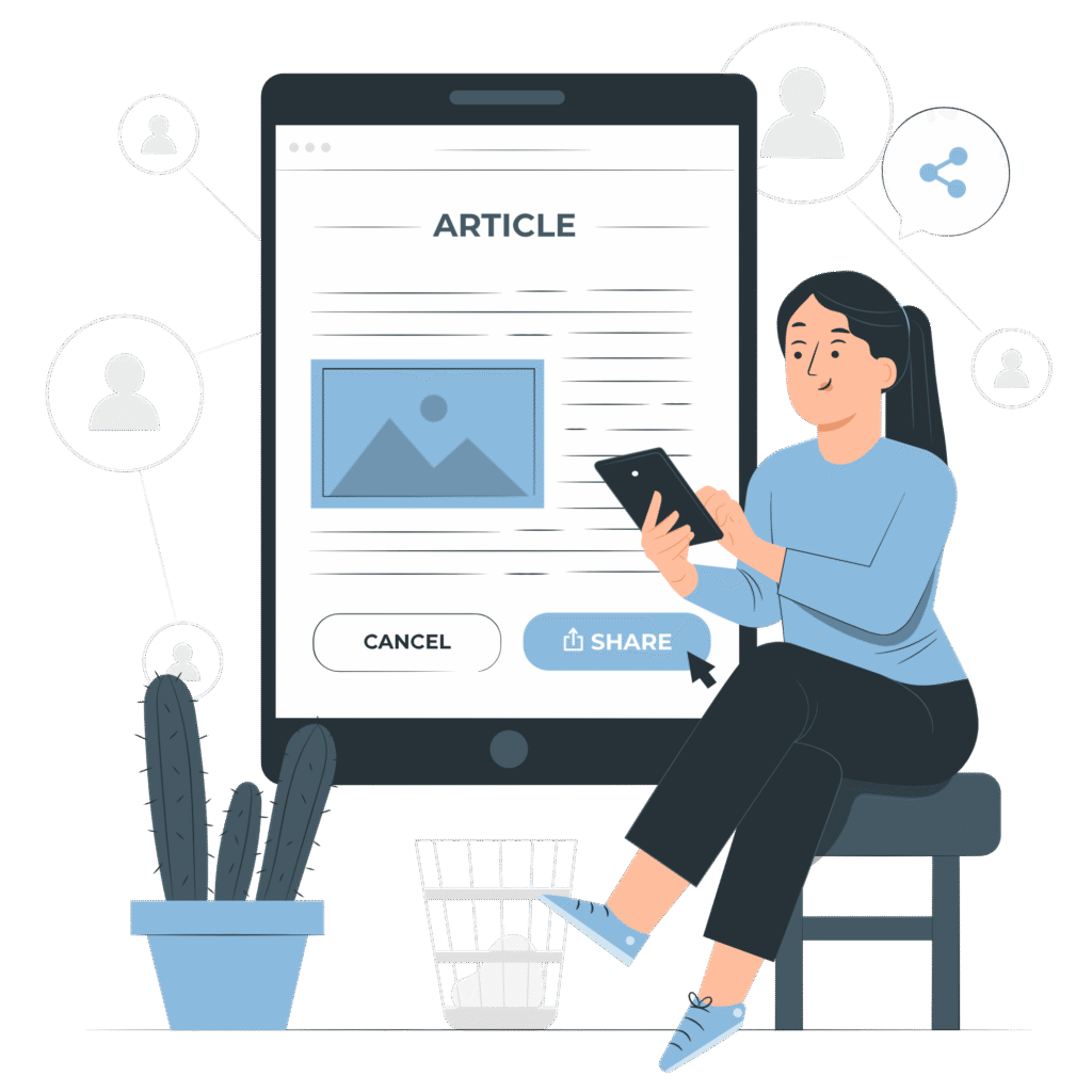 Woman sitting and using a tablet to share an article, representing sharing trustworthy content