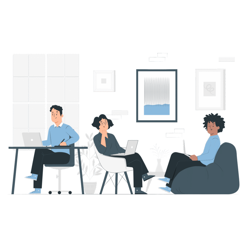 People collaborating in an office setting, representing the human approach behind Vibetric