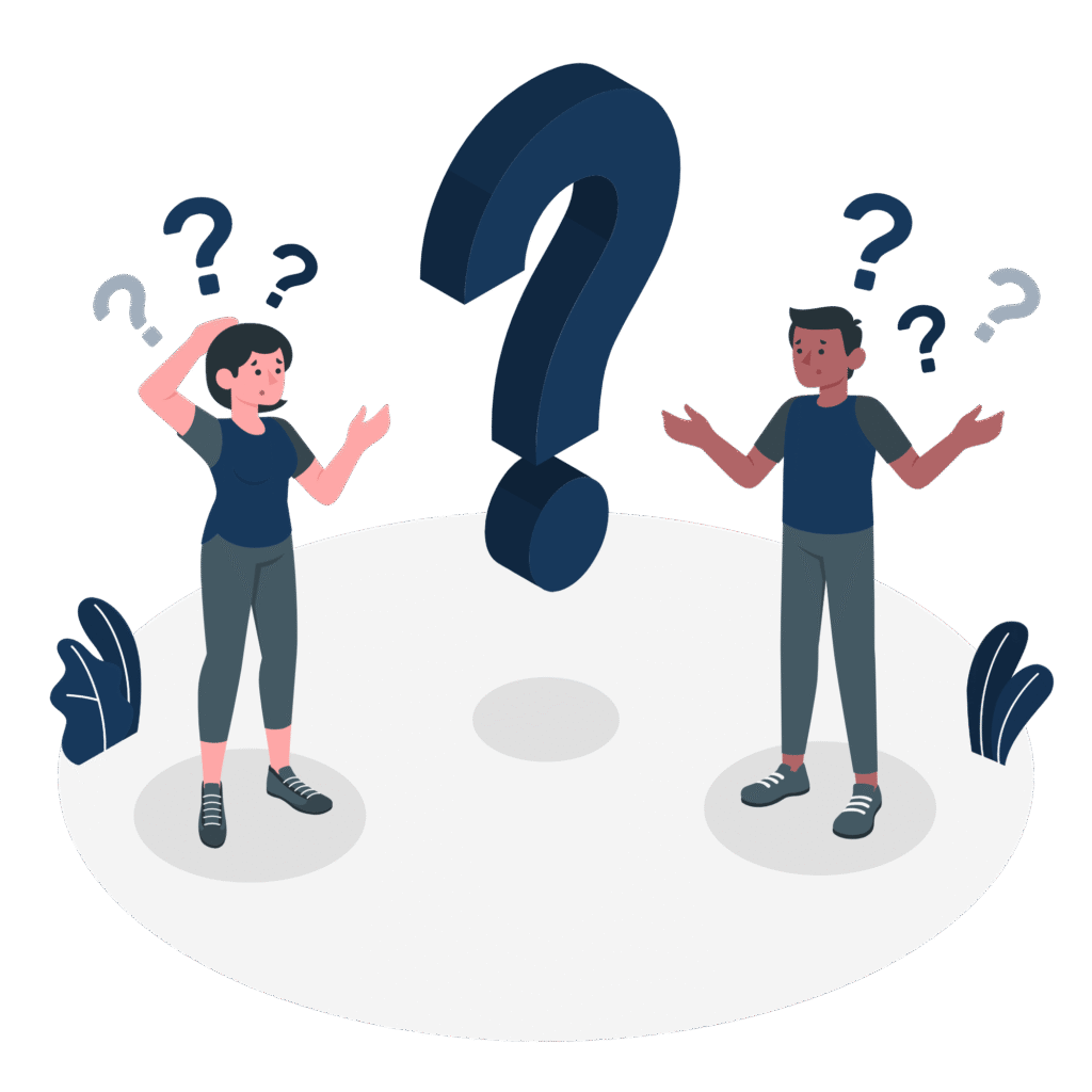 Confused people with question marks above their heads, representing frustration with tech clutter