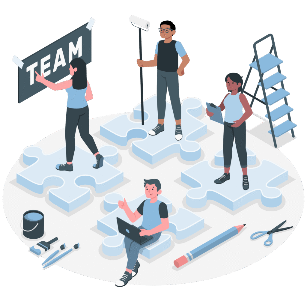illustration of a diverse team collaborating to assemble puzzle pieces for a project