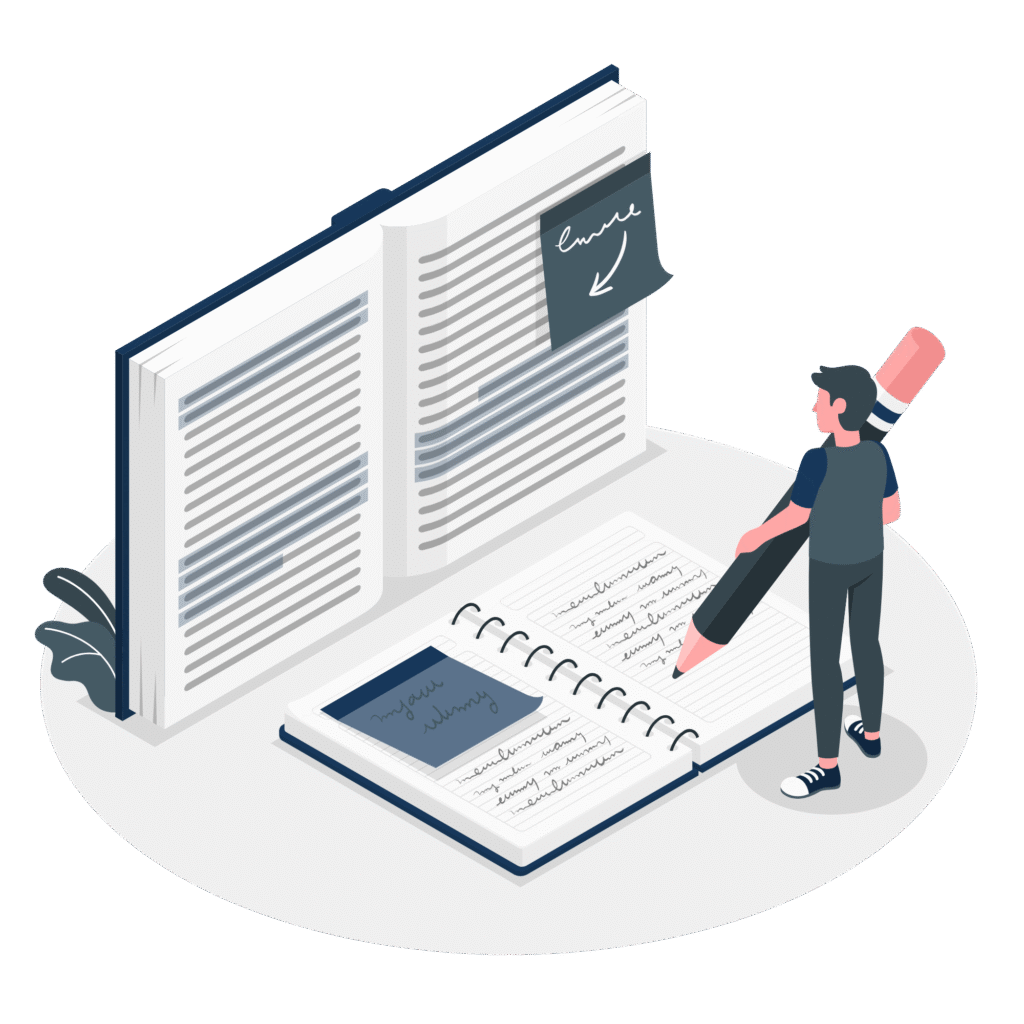 Person writing in front of open books and notes