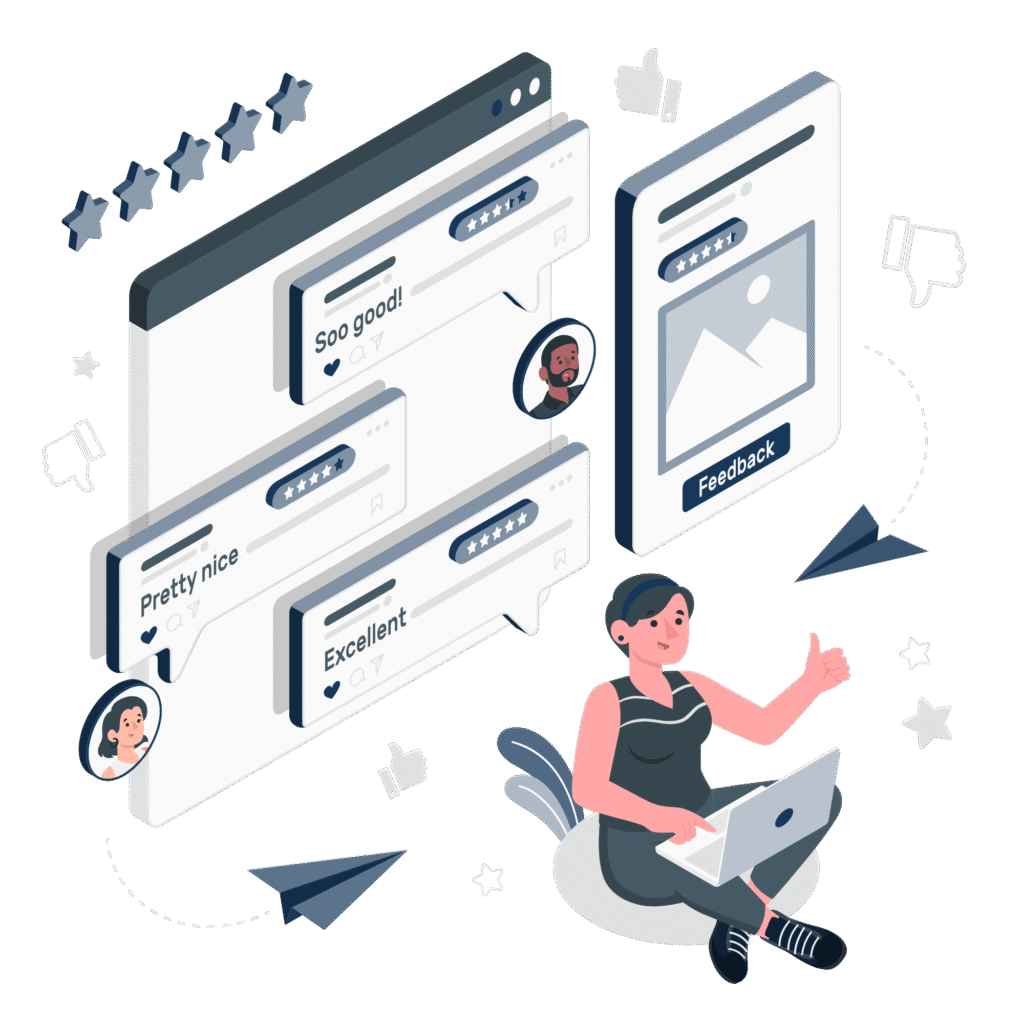 Illustration of a woman using a laptop to give feedback and rate reviews on Vibetric