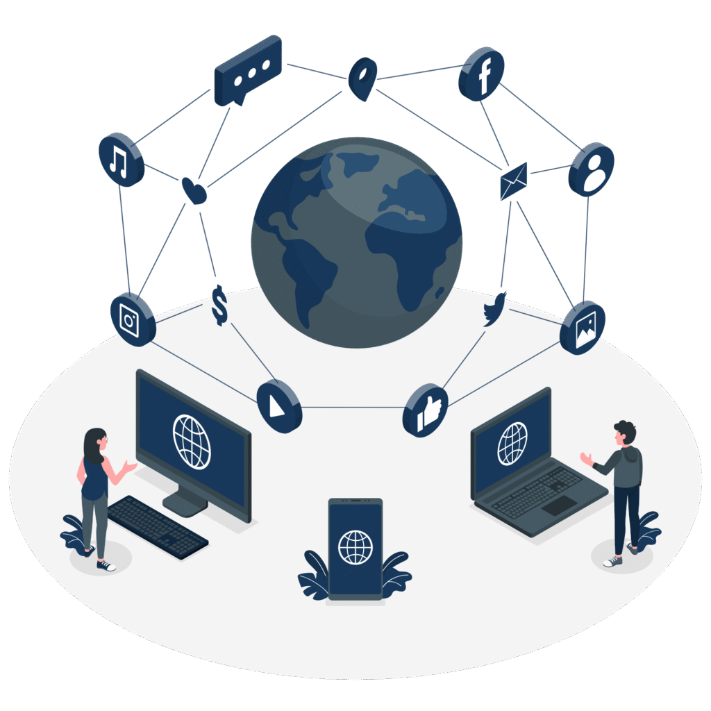 Illustration of global user feedback connected through devices and social platforms