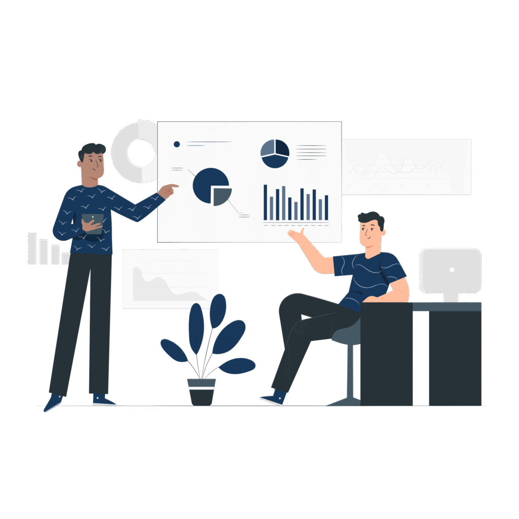 Man presenting tech charts to colleague at desk