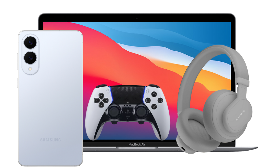 Smart tech products including smartphone, laptop, gaming controller, and headphones on blue background – Vibetric, your trusted guide to smart tech buying