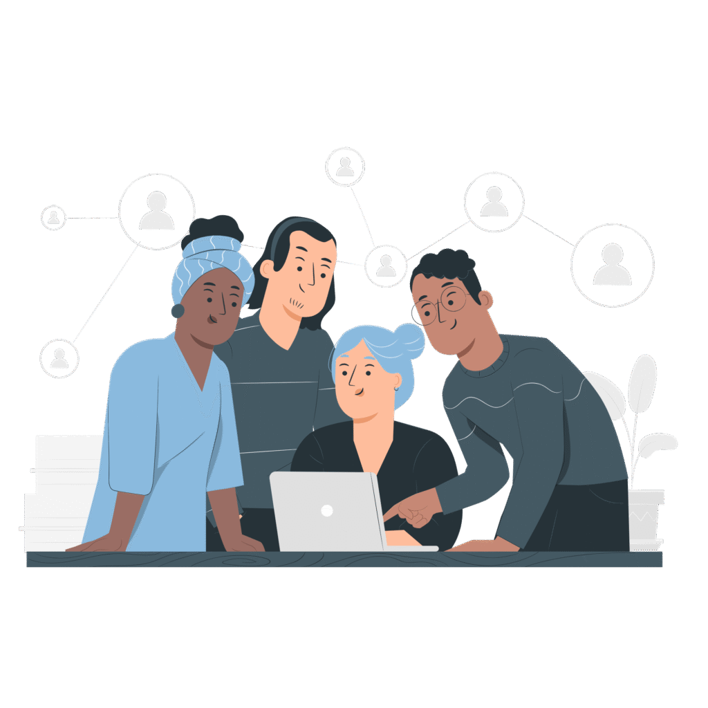 Group of people discussing tech choices around a laptop