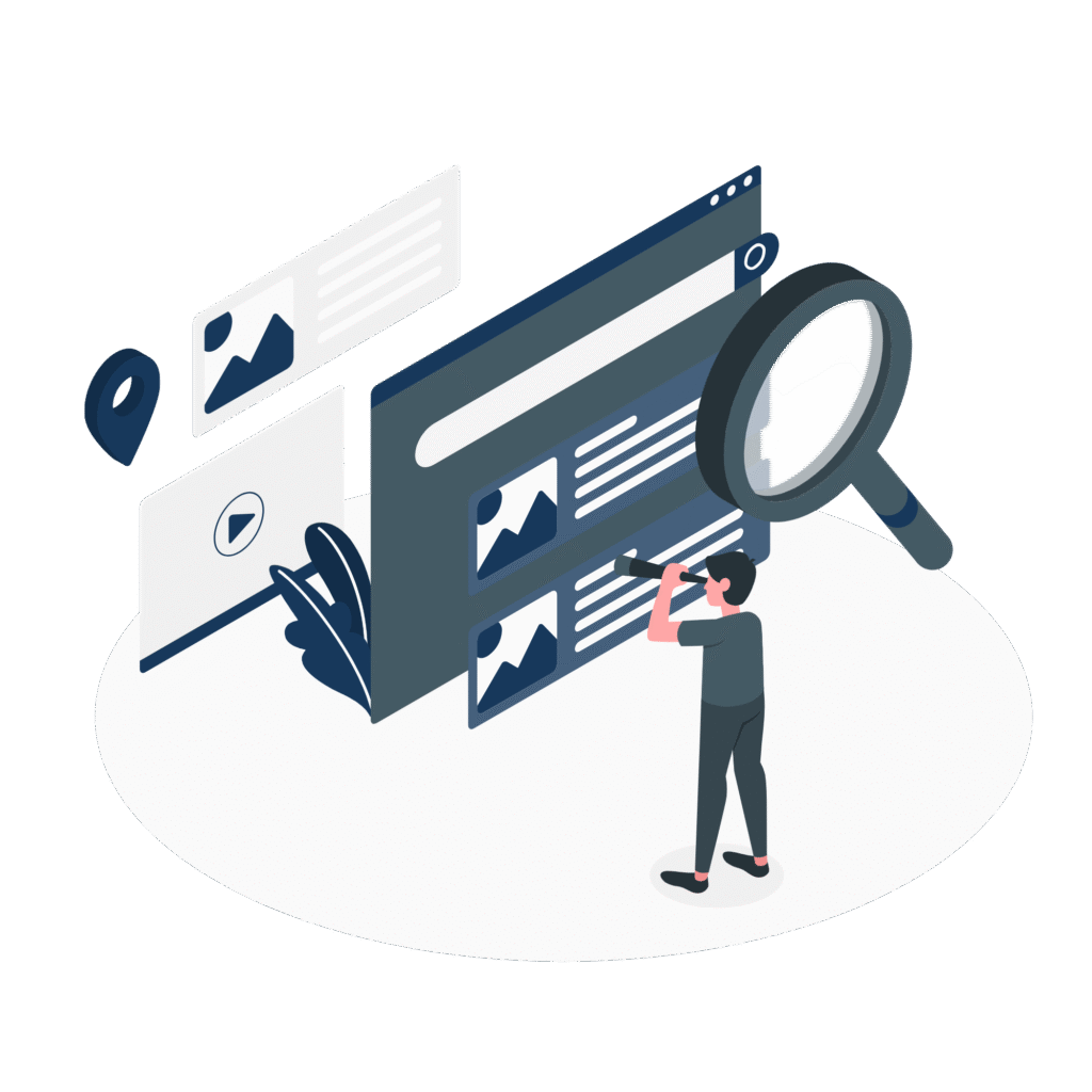 Illustration of a person using a magnifying glass to search content on a large screen, symbolizing Vibetric’s product review search.