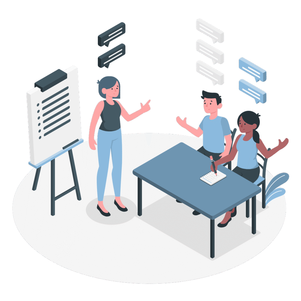 illustration of three people discussing ideas around a table with a whiteboard