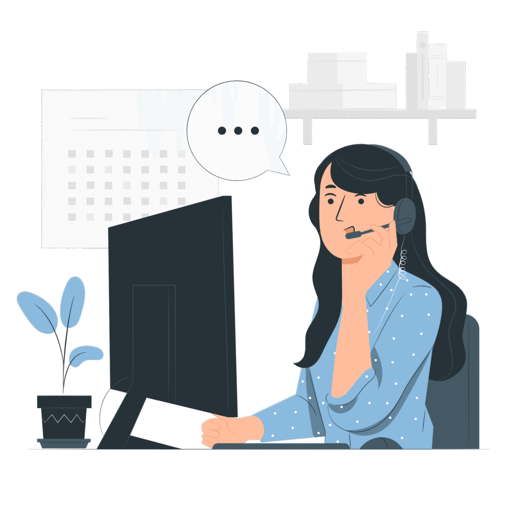 Support agent listening and responding on headset at desk