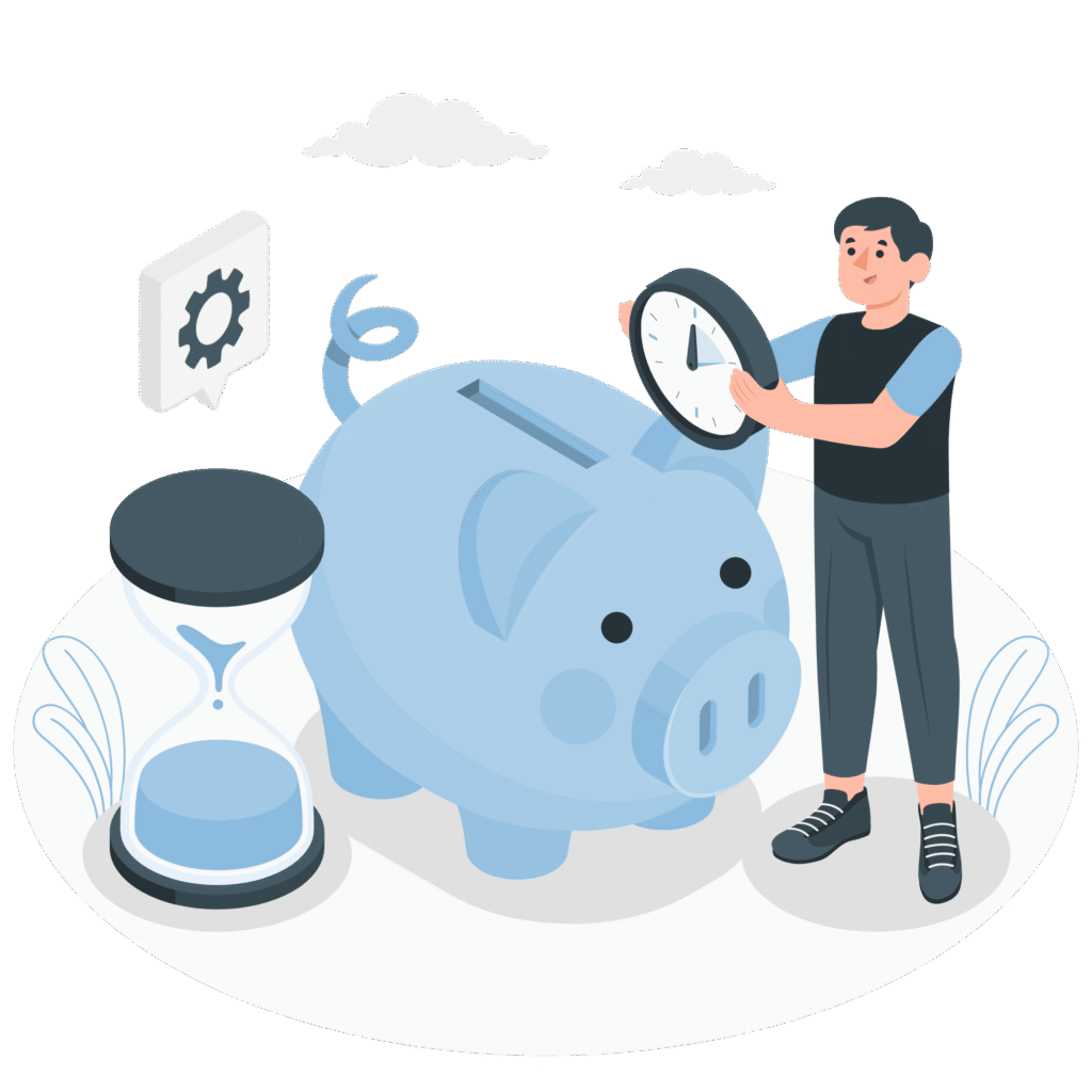 Person saving time with piggy bank and hourglass, representing efficient tools