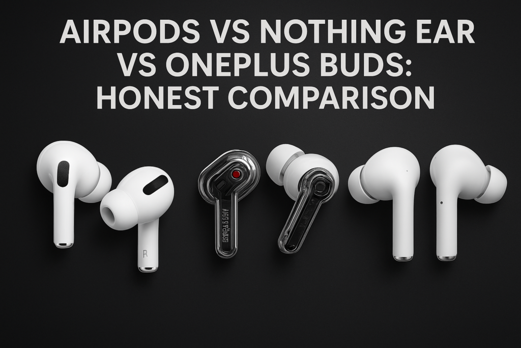 AirPods vs Nothing Ear vs OnePlus Buds comparison showing ANC, sound quality, battery life, and real-world performance differences in 2025