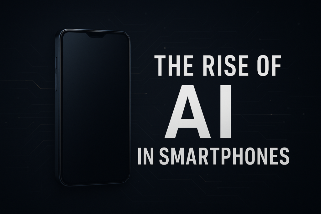 AI in smartphones illustrated through a modern device surrounded by intelligent neural network patterns