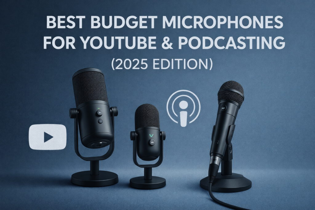 Budget microphones for YouTube podcasting showing USB and XLR options for creators in 2025