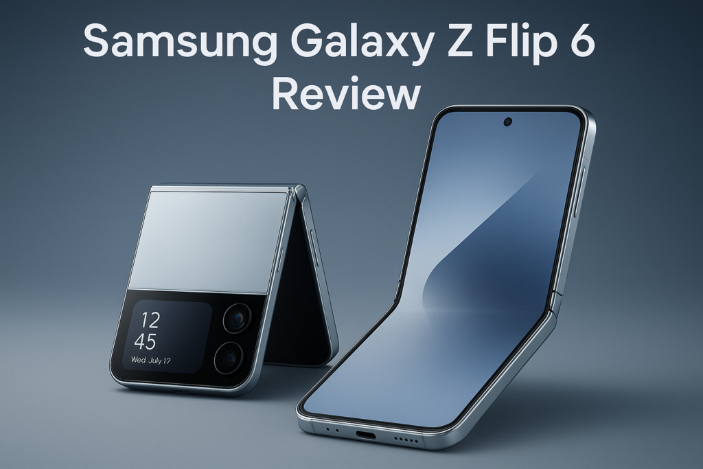 Samsung Galaxy Z Flip 6 foldable phone opened and folded on a clean desk setup