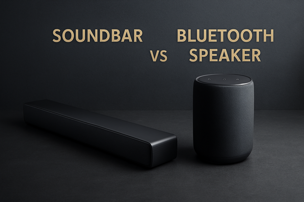 Soundbar vs Bluetooth speaker comparison showing differences in sound quality, portability, and design for 2025