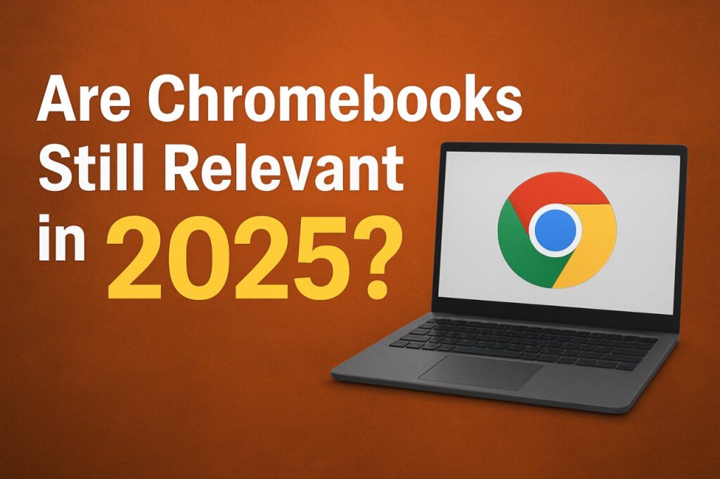 A 2025 Chromebook on a desk showcasing modern lightweight design.