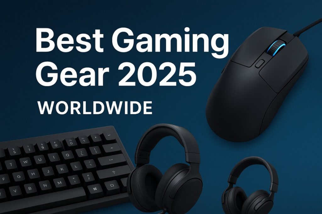 Modern gaming gear 2025 setup with precision mouse, mechanical keyboard, spatial audio headset, and clean minimal RGB design
