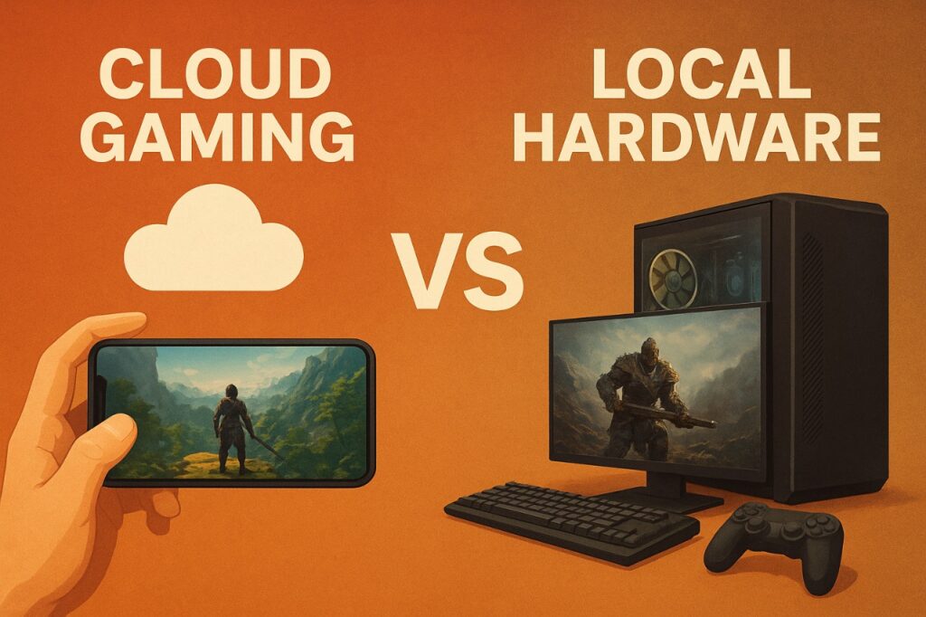 Illustration showing cloud gaming vs local hardware performance comparison in 2025.