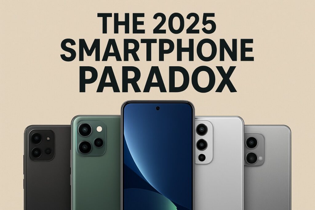 Illustration of flagship killer phones in 2025, showing similar-looking feature clone smartphones