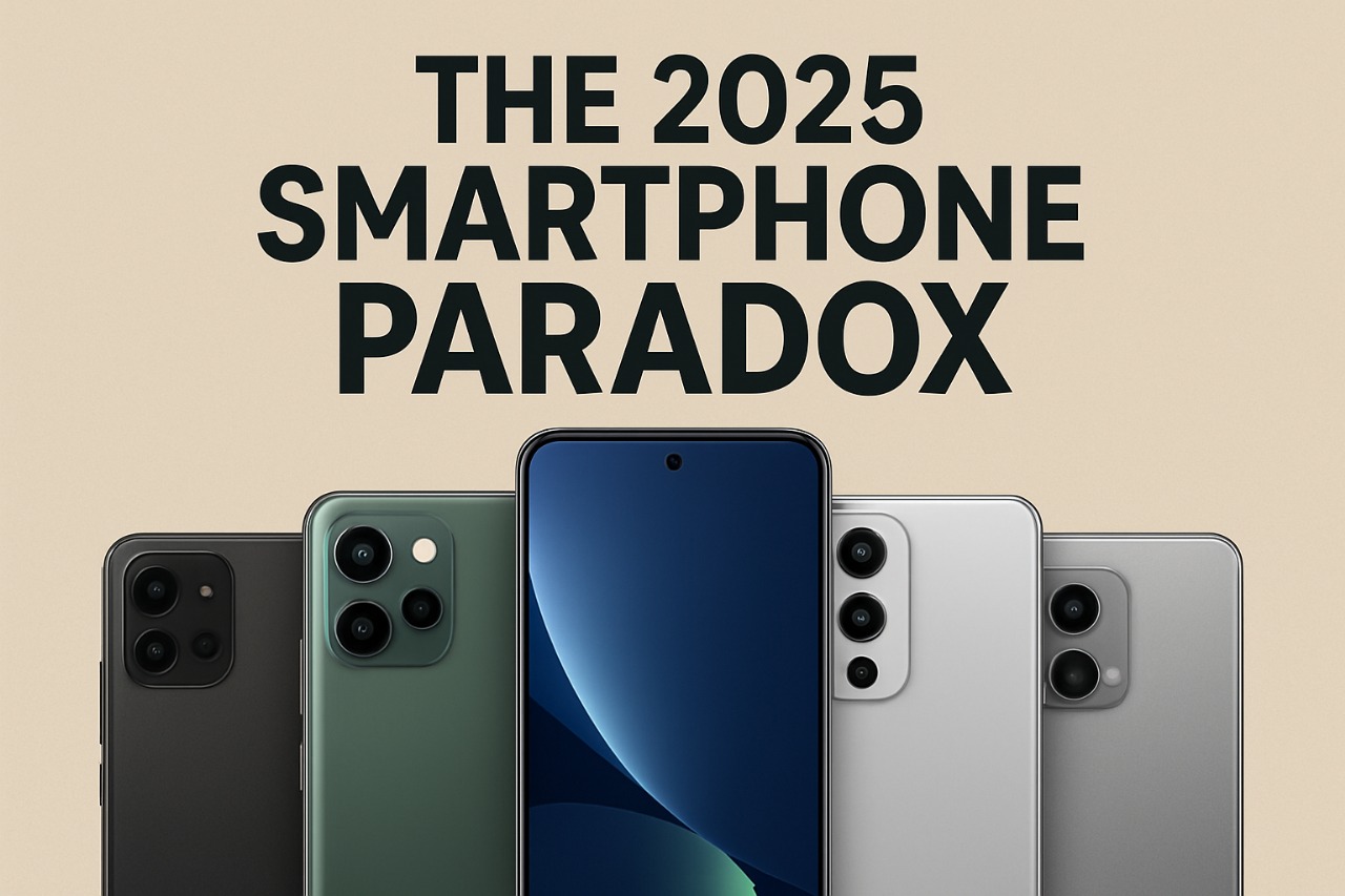 Illustration of flagship killer phones in 2025, showing similar-looking feature clone smartphones