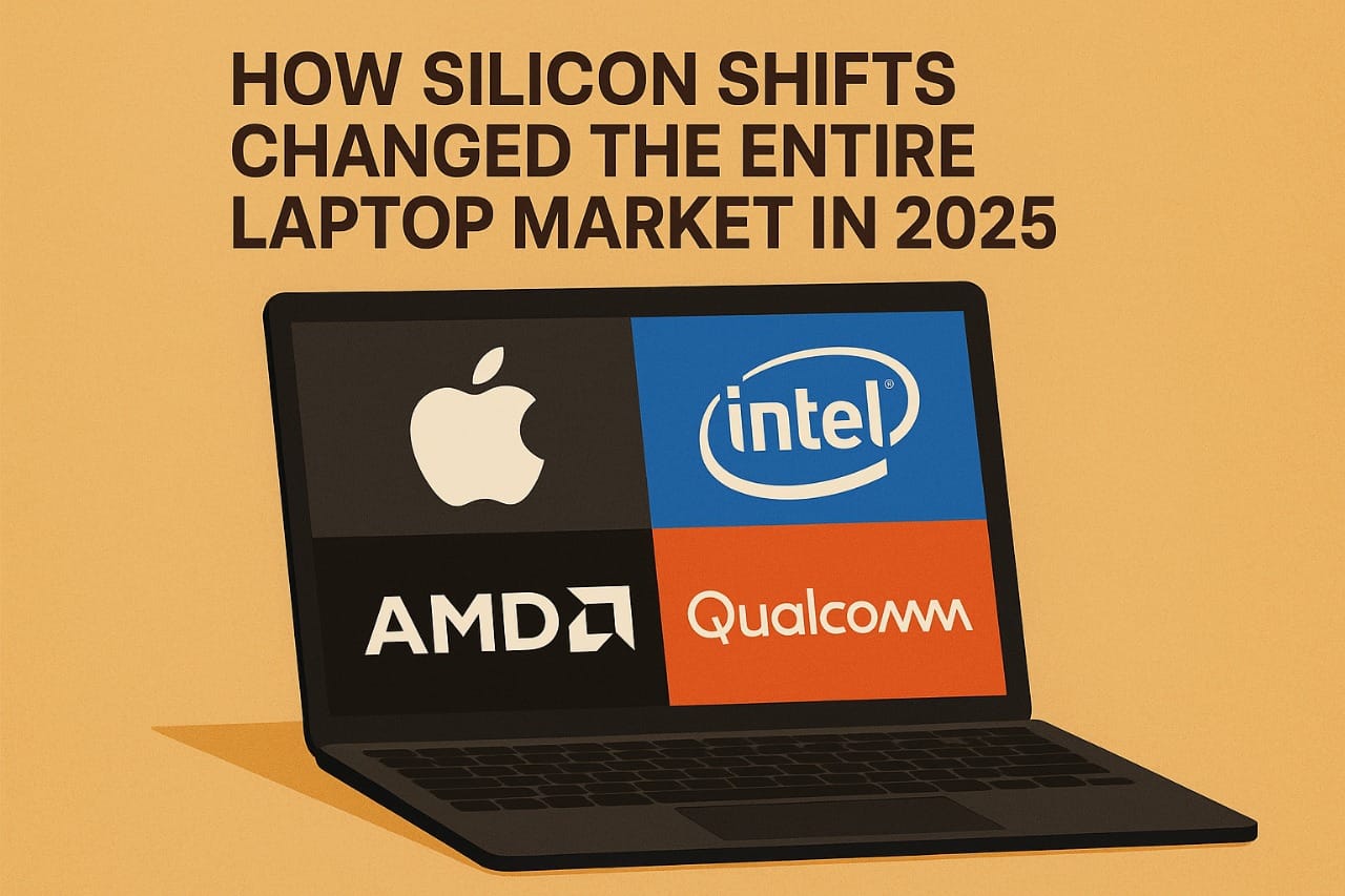 Illustration of the silicon shift in laptops 2025 showing CPU, GPU, NPU, and power scheduler working together for cooler, more efficient performance.