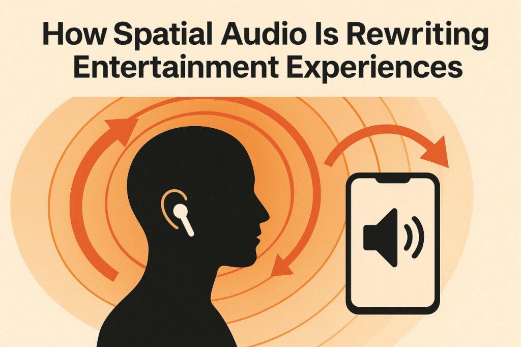 Person listening with headphones experiencing 360-degree spatial audio while watching immersive entertainment content.