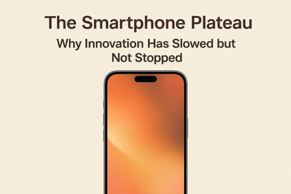 Illustration representing the smartphone plateau 2025, showing a modern phone and the theme of slowed smartphone innovation