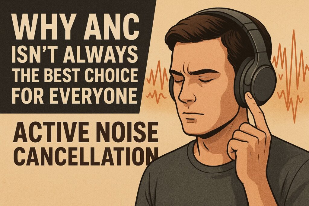 Diagram showing active noise cancellation limitations such as ear fatigue, pressure effects, and environmental awareness challenges.