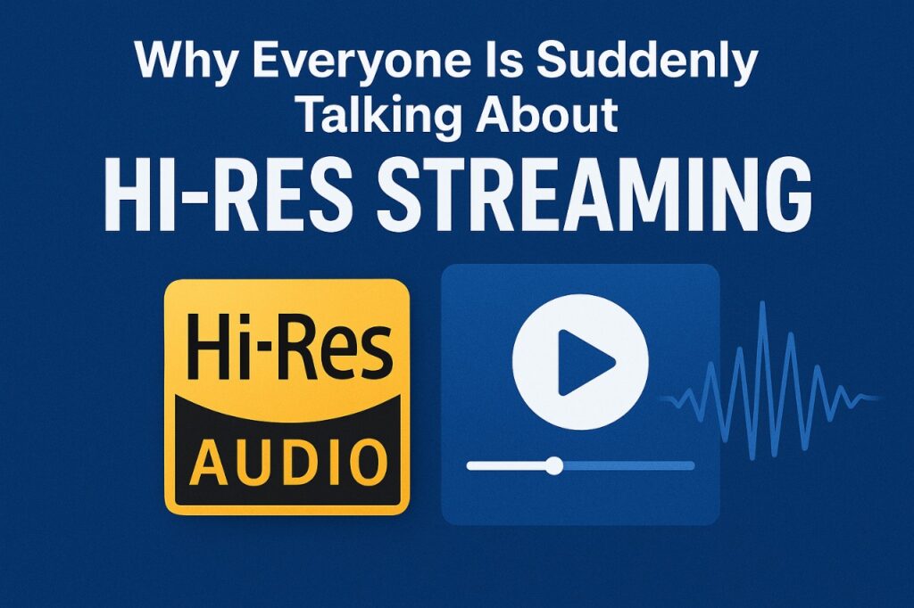 Illustration of hi-res audio streaming showing higher sampling rates, improved clarity, and modern device compatibility in 2025.