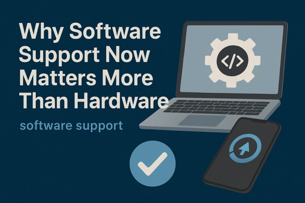 Graphic showing how software support improves performance, security, and longevity compared to hardware upgrades.
