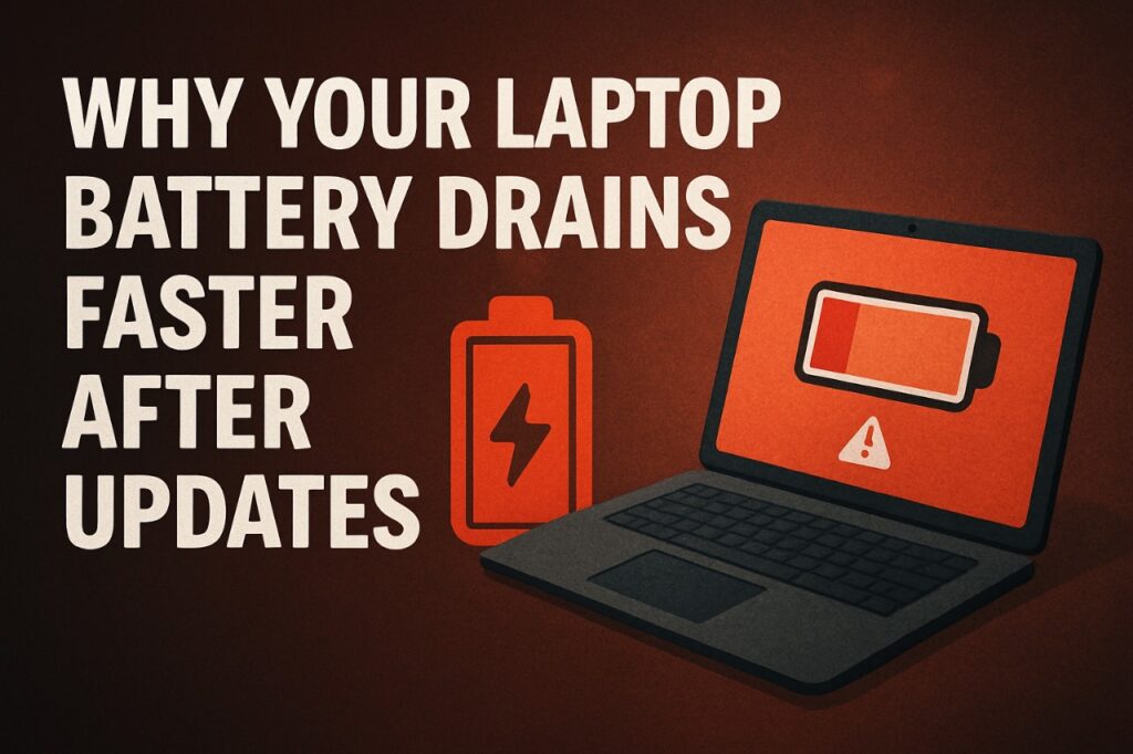 Laptop displaying battery percentage draining faster after system update, illustrating laptop battery drain issue.
