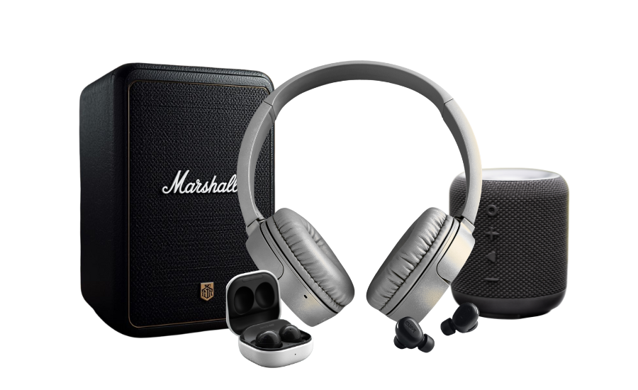 A realistic image showing modern 2025 audio devices including headphones, wireless earbuds, and smart speakers on a sleek background.