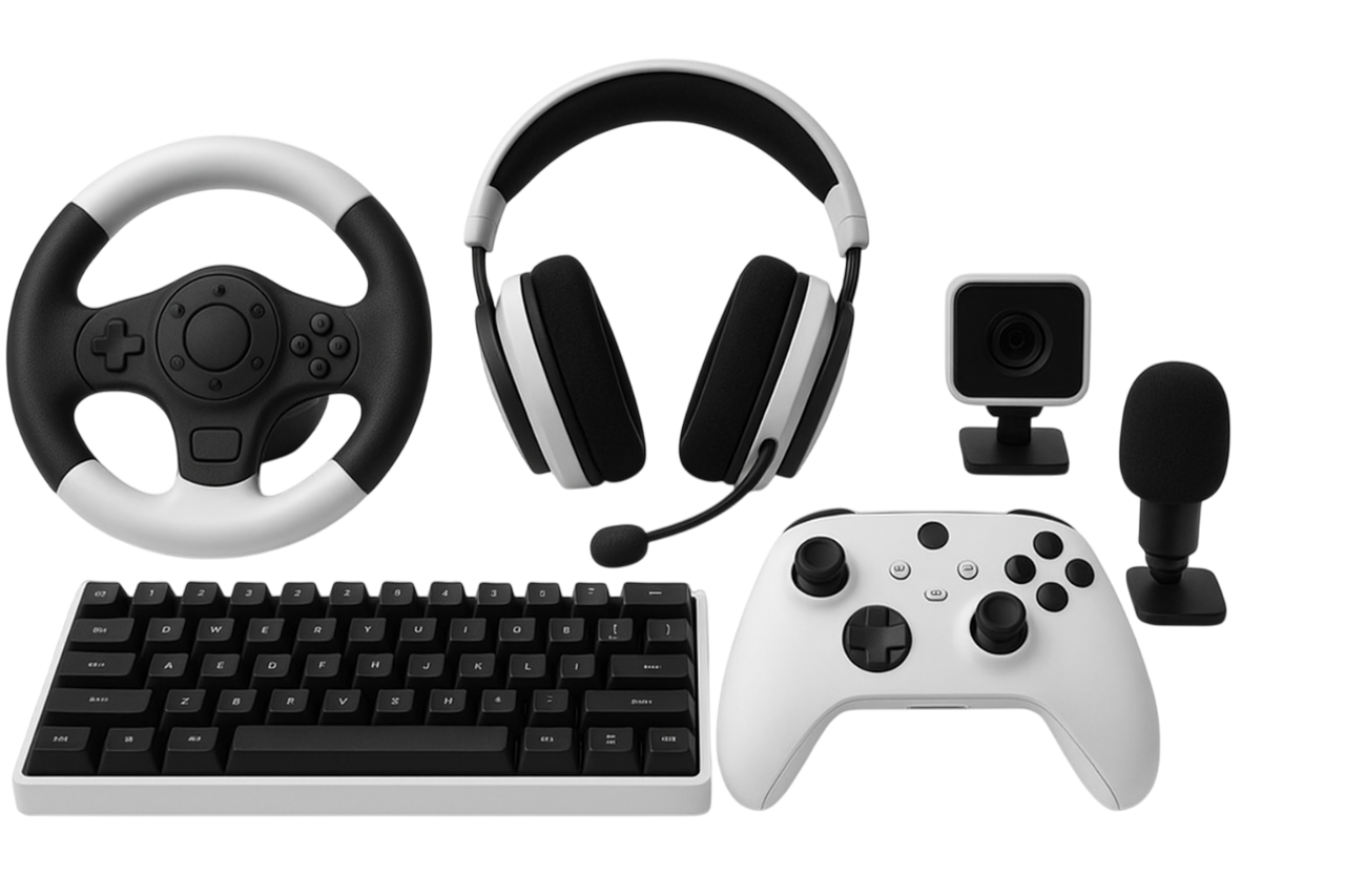 A realistic image showing premium 2025 gaming gear including RGB keyboards, gaming mice, headsets, and monitors arranged in a dynamic setup.