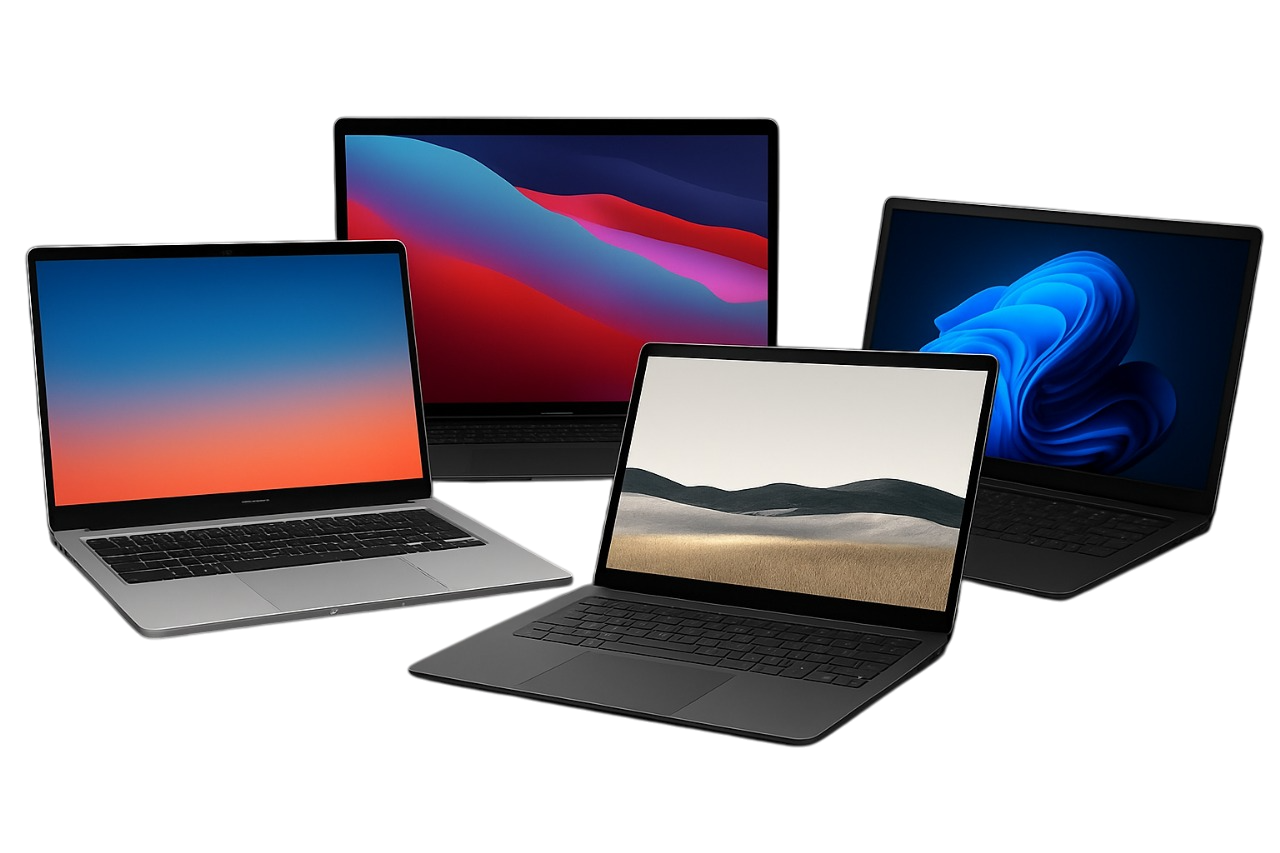 A realistic image showing the latest 2025 laptops arranged on a modern workspace, featuring slim designs, vibrant screens, and minimalist aesthetics.