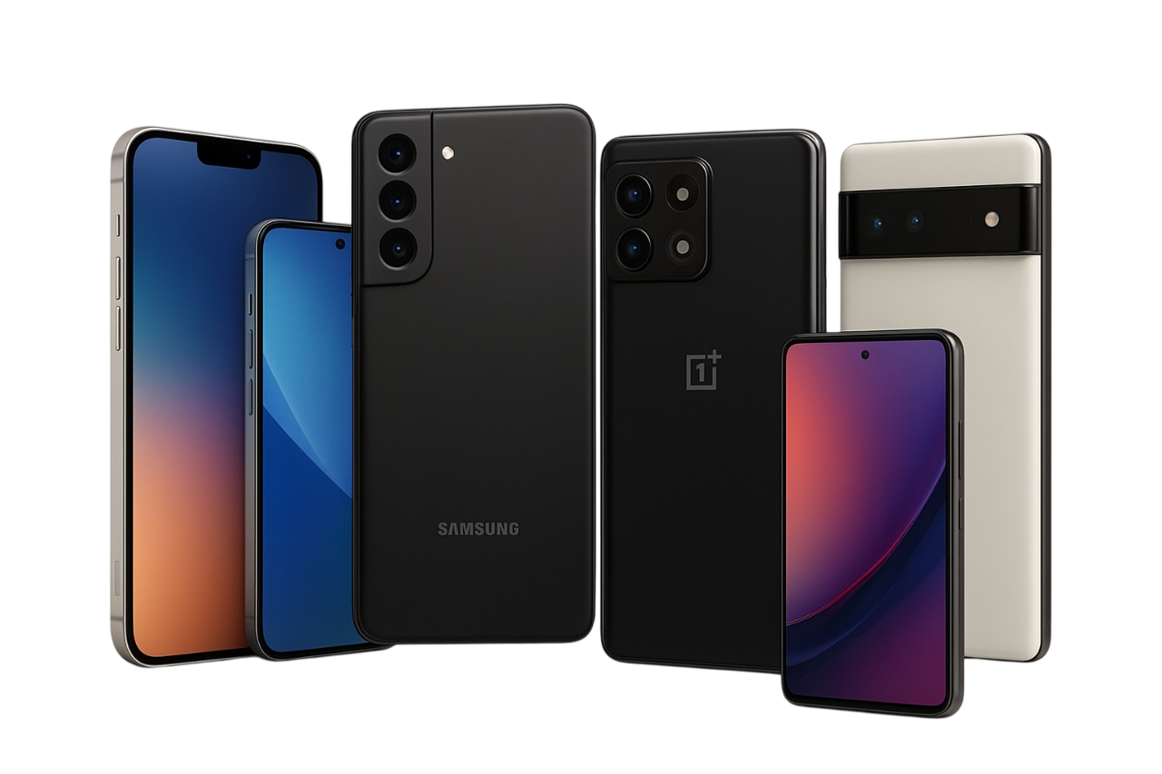 A lineup of the latest smartphones in 2025 displayed on a clean background, showing modern designs, slim bezels, and vibrant screens.