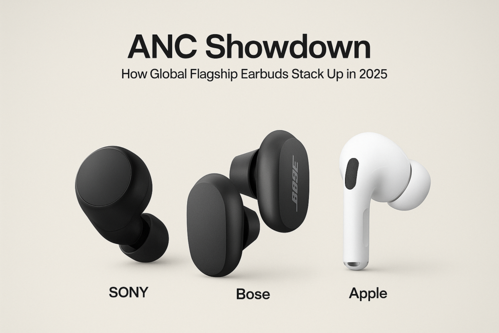 Best ANC earbuds 2025 comparison — Sony WH-1000XM5, Bose QuietComfort Earbuds II, and AirPods Pro 2nd Gen on a table
