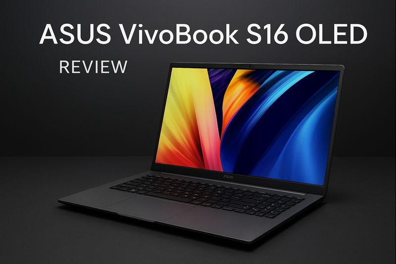 ASUS Vivobook S16 OLED laptop front view with OLED display