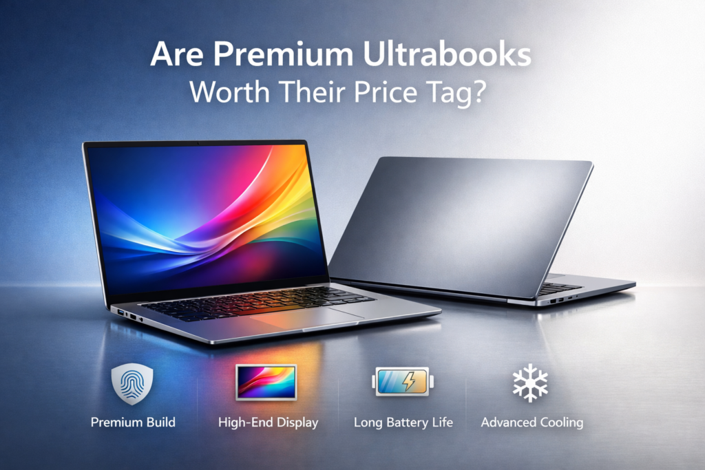 Premium ultrabooks laptop showcasing slim design, high-quality display, and lightweight build