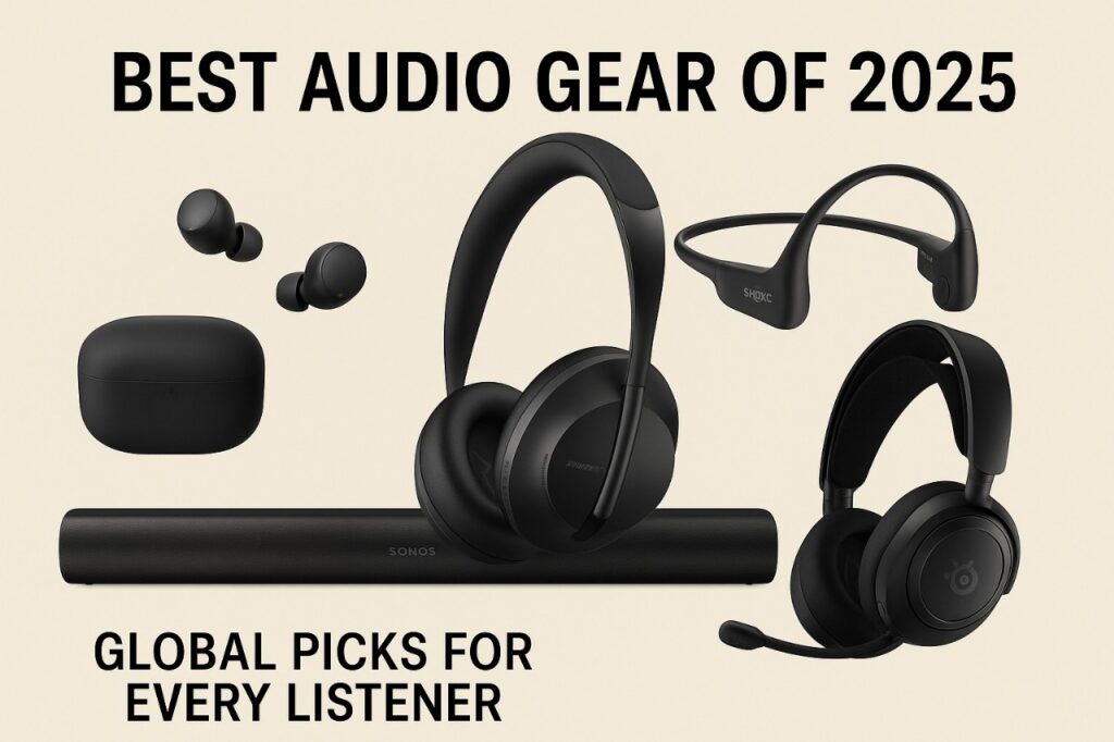 Best audio gear of 2025 global lineup featuring earbuds, over-ear headphones, open-ear audio, soundbars, and gaming headsets.