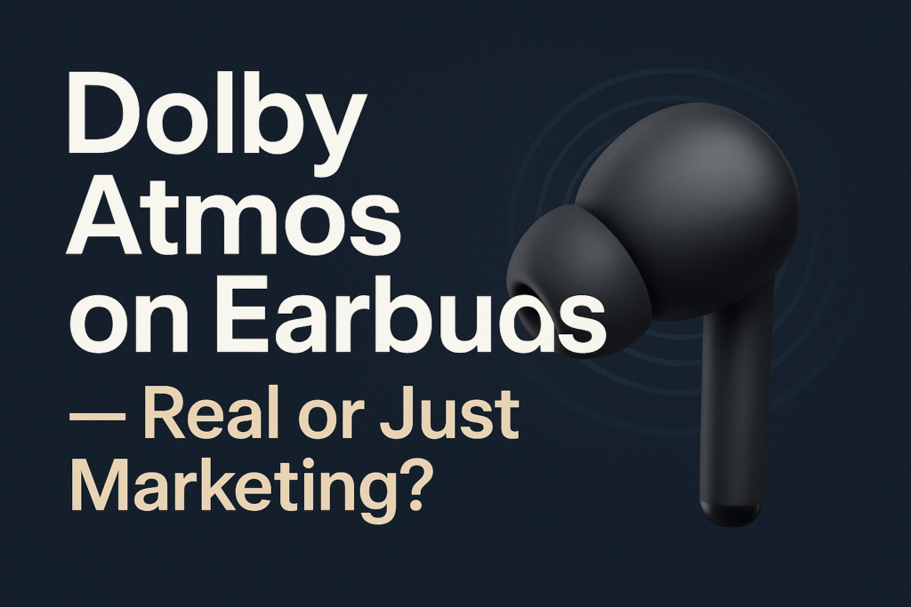 Dolby Atmos earbuds with visualized 3D sound waves showing spatial audio effects