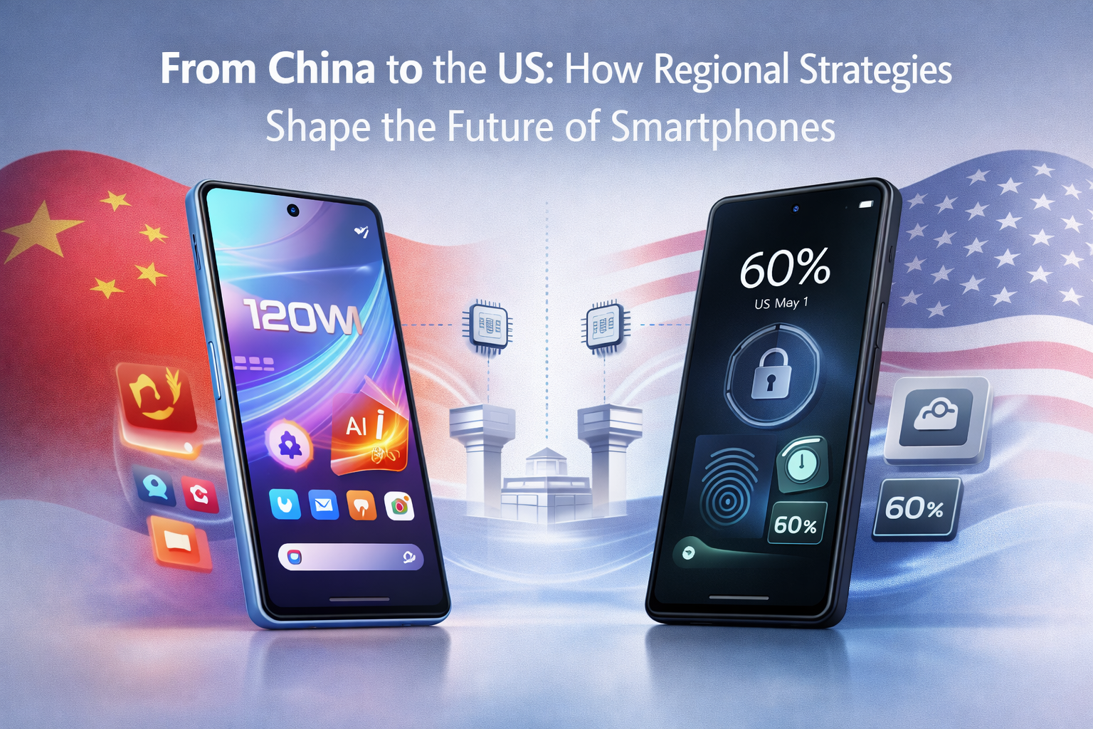 China vs US Smartphone Strategy visual showing Chinese and US flagship phones against a global market backdrop.