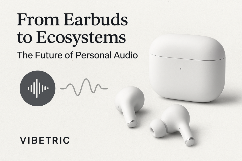 Illustration of global audio ecosystem trends 2025 showing connected earbuds, smartphone, laptop, and smart speaker in a seamless sound network.
