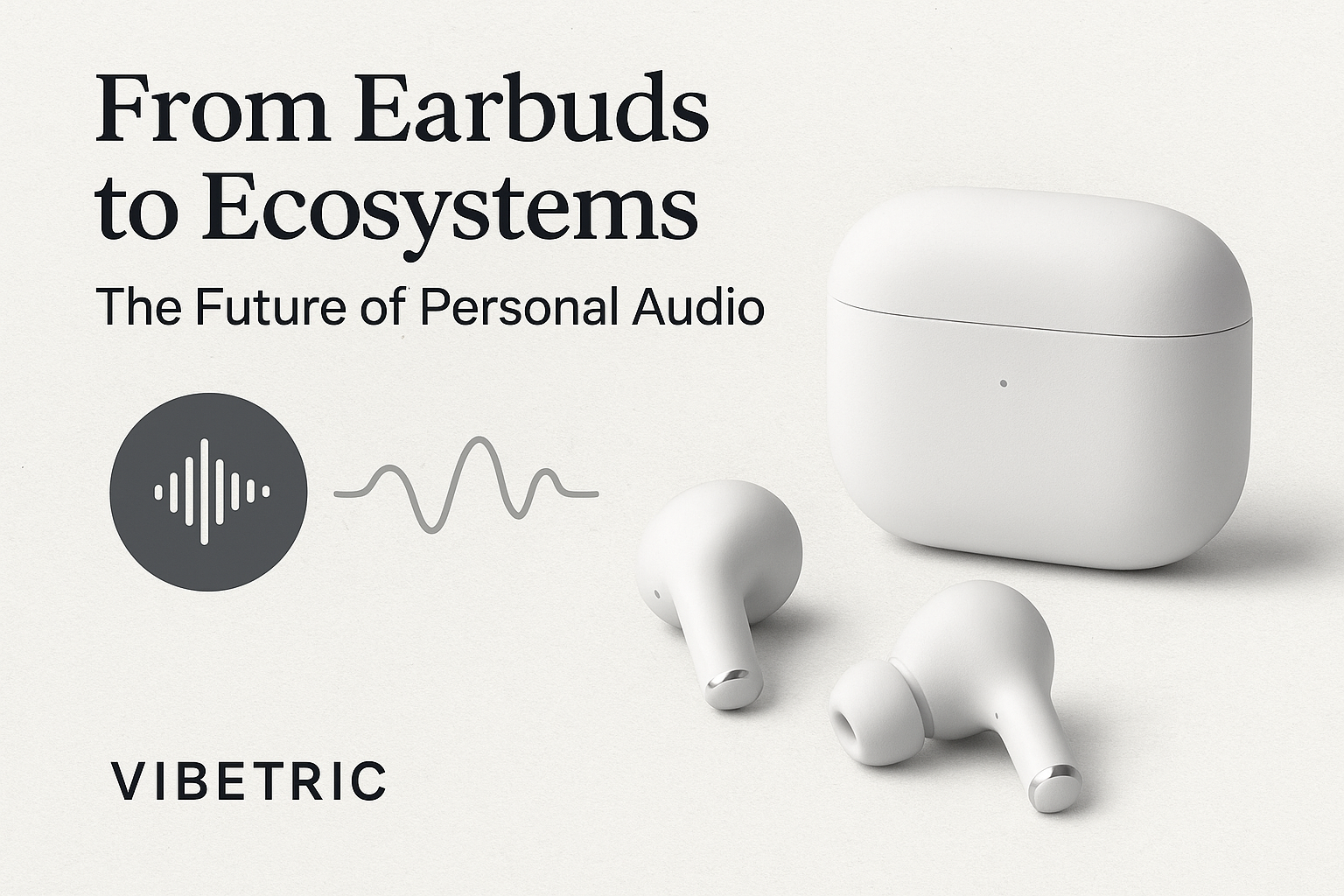 Illustration of global audio ecosystem trends 2025 showing connected earbuds, smartphone, laptop, and smart speaker in a seamless sound network.