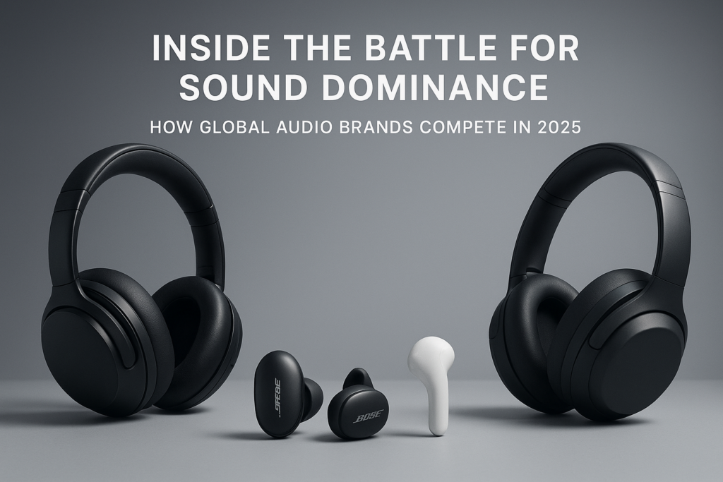 Illustration of the global audio market 2025 showing rival headphone and earbud brands facing off in a worldwide battle for sound dominance.