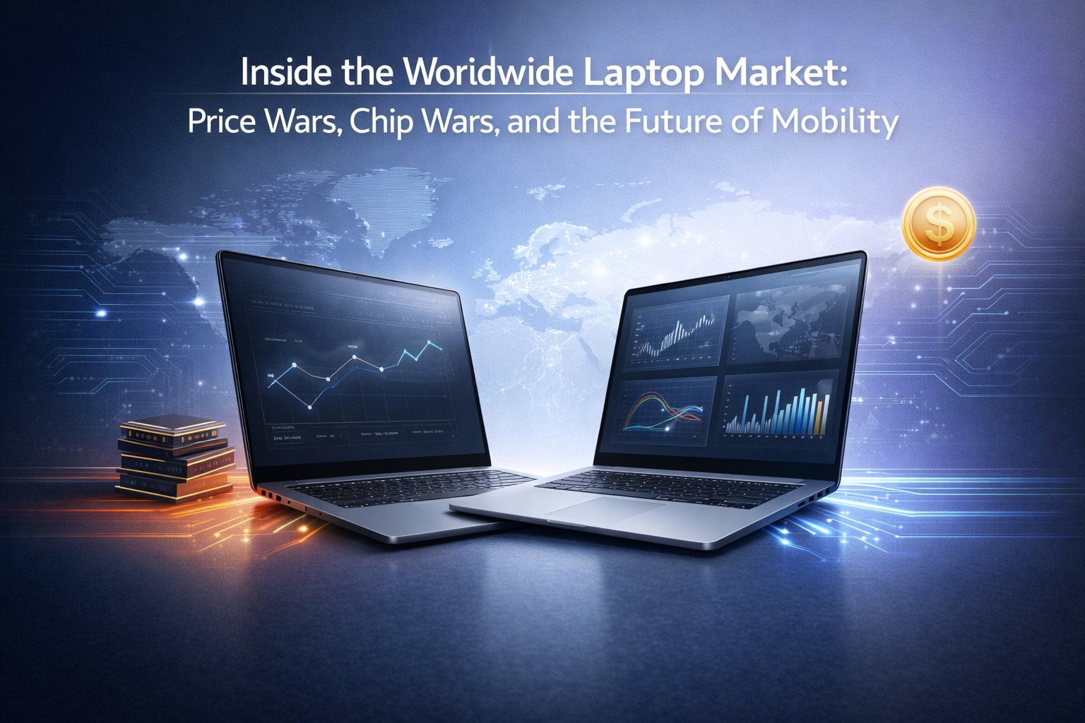 Global Laptop Market Trends 2025 illustration showing laptops across global workspaces and price segments.