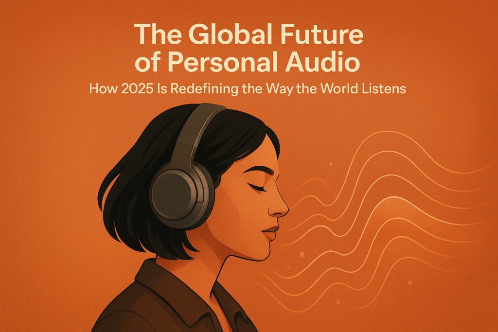 Listener wearing noise-cancelling headphones at night in a modern apartment, illustrating the future of personal audio 2025 with AI-driven adaptive sound and spatial audio immersion