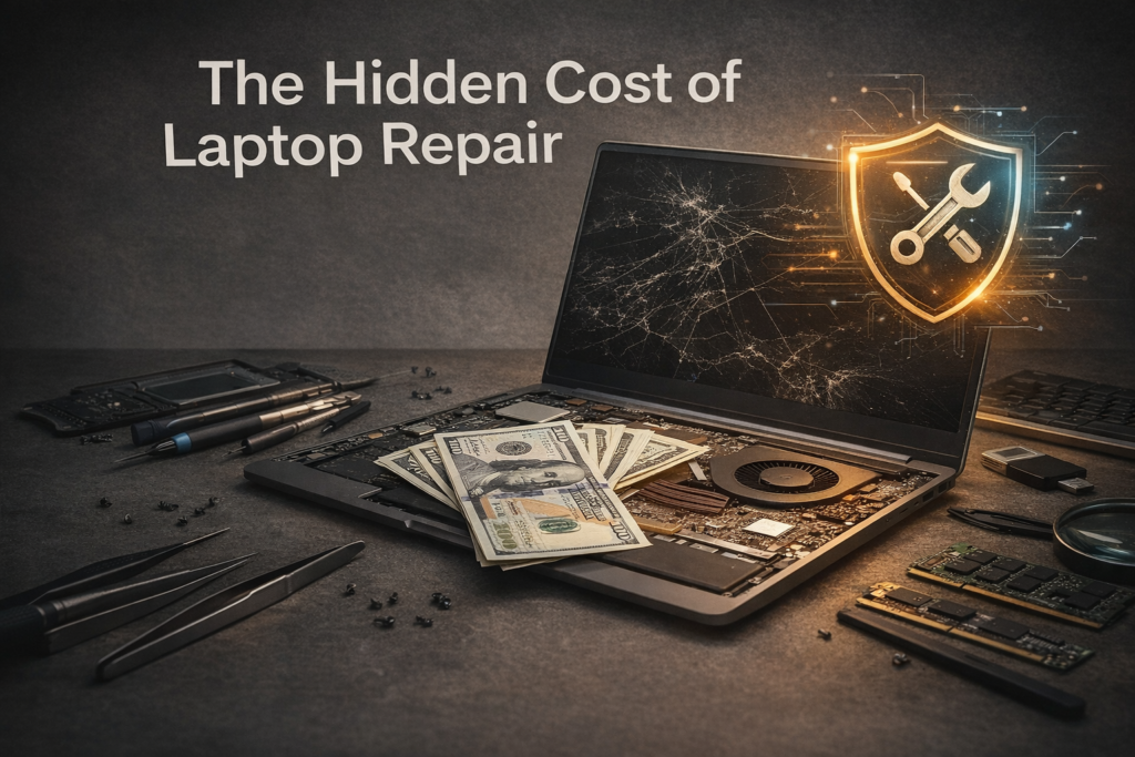 Laptop repair cost explained with internal components and repair tools on a modern laptop