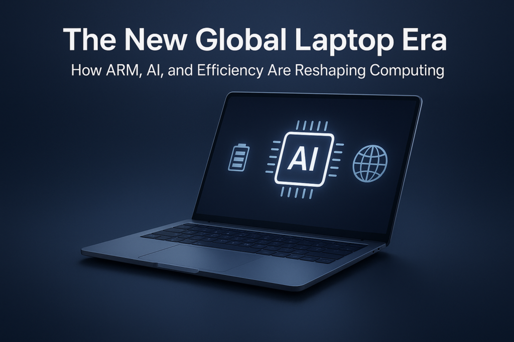 Global Laptop Trends 2025 illustration showing ARM and AI-powered ultrathin laptops on a desk.