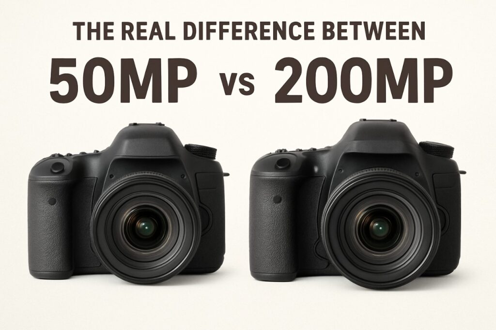 50MP vs 200MP camera sensor comparison showing differences in resolution, pixel size, and real-world image quality